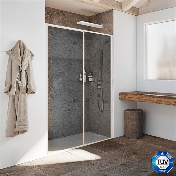 Brusedør hvid Calamo skydedør til bruseniche 6 mm. sikkerhedsglas TüV godkendt