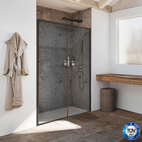 Brusedør mat sort Calomo skydedør til bruseniche 6 mm. sikkerhedsglas TüV godkendt