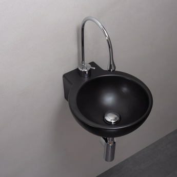 Rund håndvask til væg i mat sort porselæn og højt blandingsbatteri 