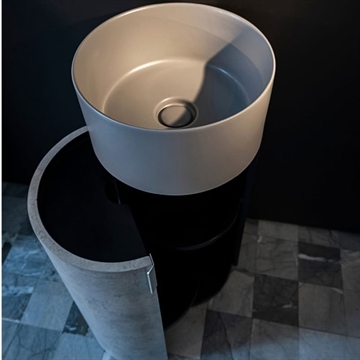 Mat grå håndvask med underskab i beton look