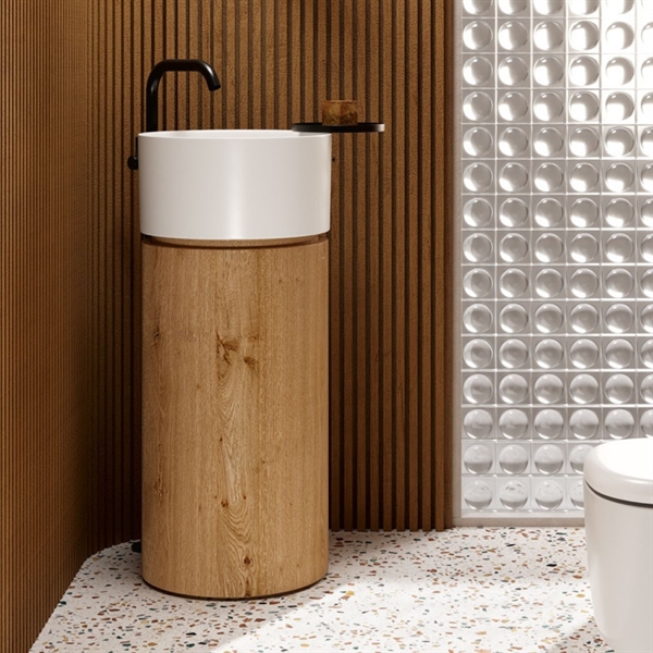 Core I oak - Blank hvid håndvask med underskab i eg