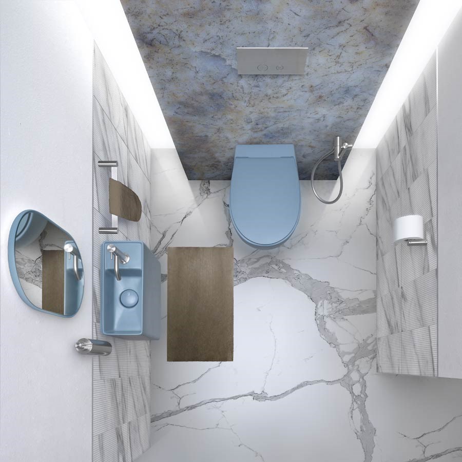 Blå håndvask i et lille design til det lille gæstetoilet