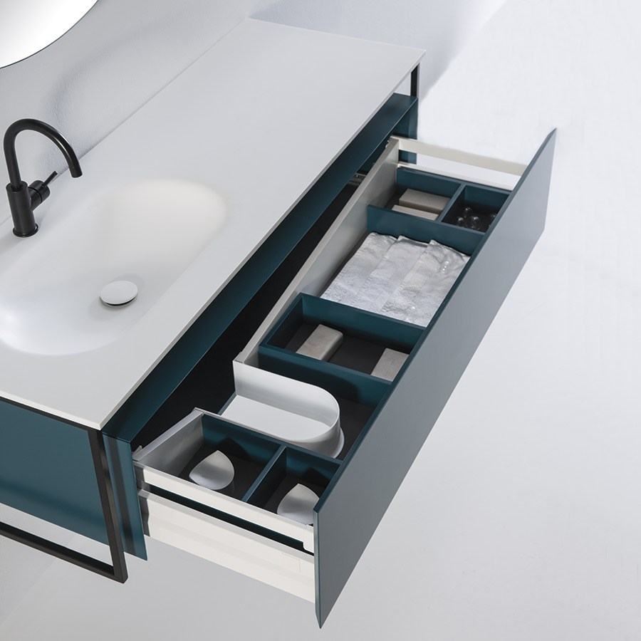 Black frame badeværelsesmøbel med oval håndvask og skuffe