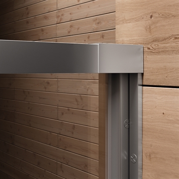 Detalje med vægprofil og top profil Unico SC One bruseskydedør